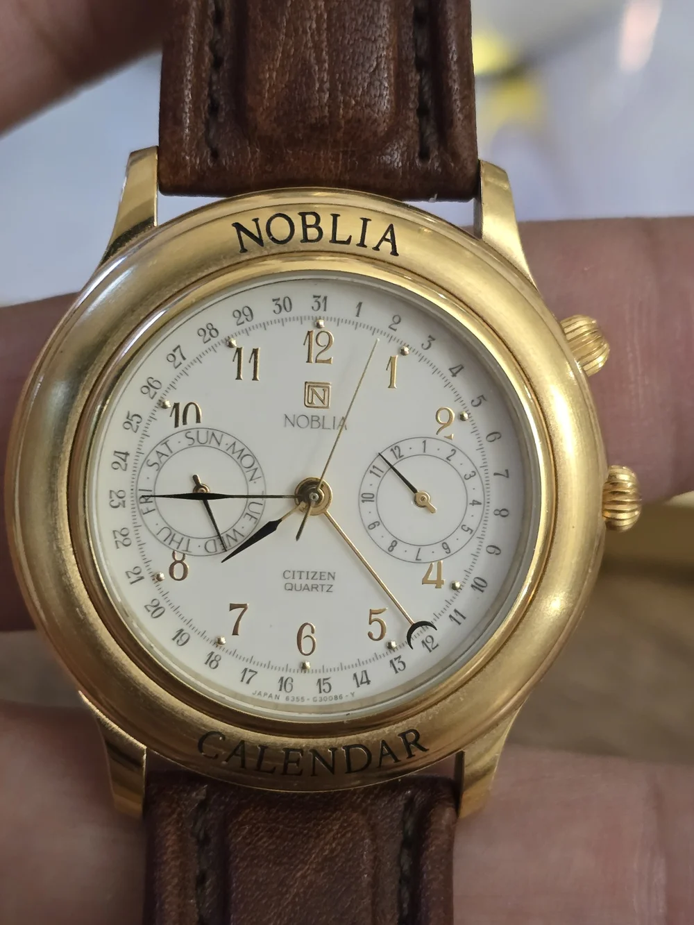 Citizen Gold-Tone Calendar Watch with Brown Leather Strap